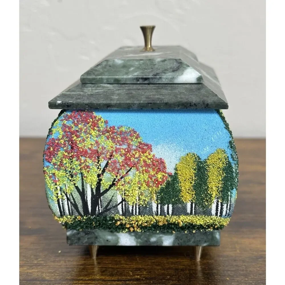 Vintage Russian Hand Painted 3D Coralene Trees Marble Footed Trinket Box Decor